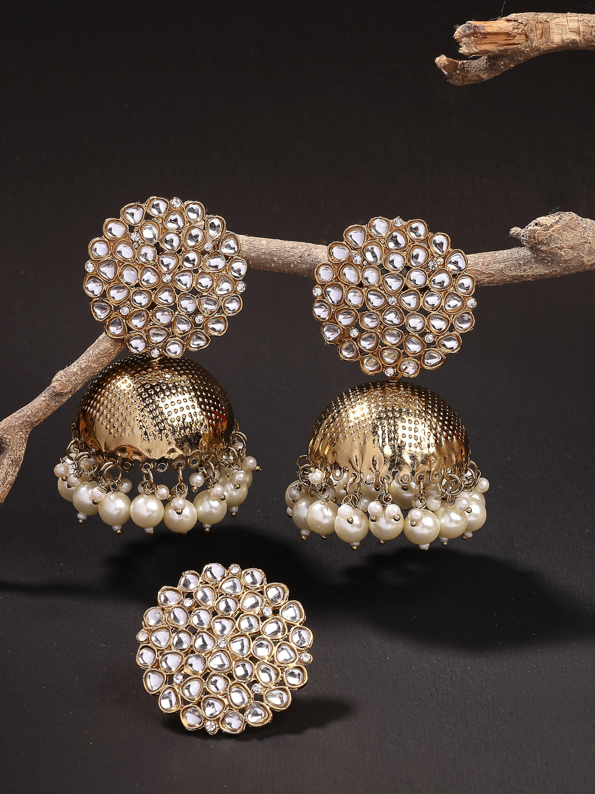 Sukkhi Traditional Fashion Antique Gold Plated Kundan & Pearls Studded Jhumka/Jhumki Earring Ring Combo Set Jewellery for Women & Girls|CBMIX107433