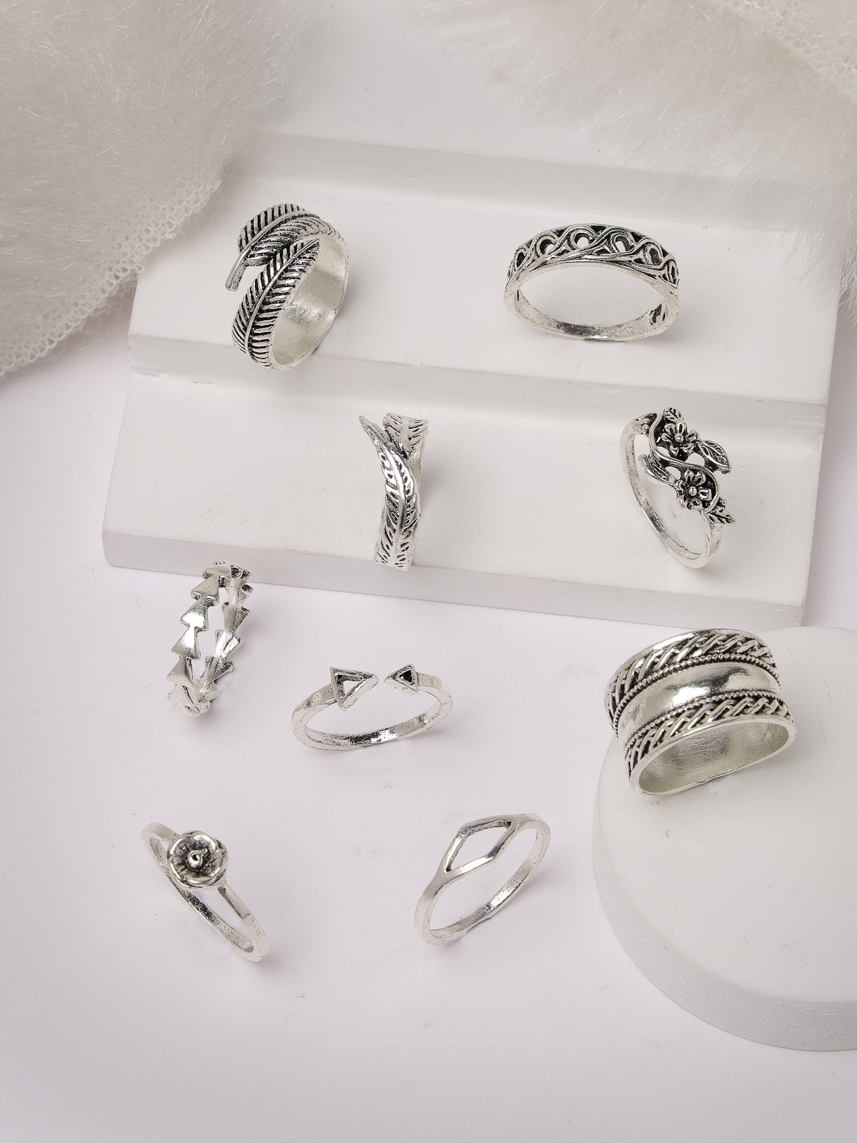 Scintillare by Sukkhi Unique Fashionable Rhodium Plated Silver Oxidised 9 Pcs Combo Finger Rings for Women & Girls | Boho Midi Stackable Knuckle Rings|CBR106774