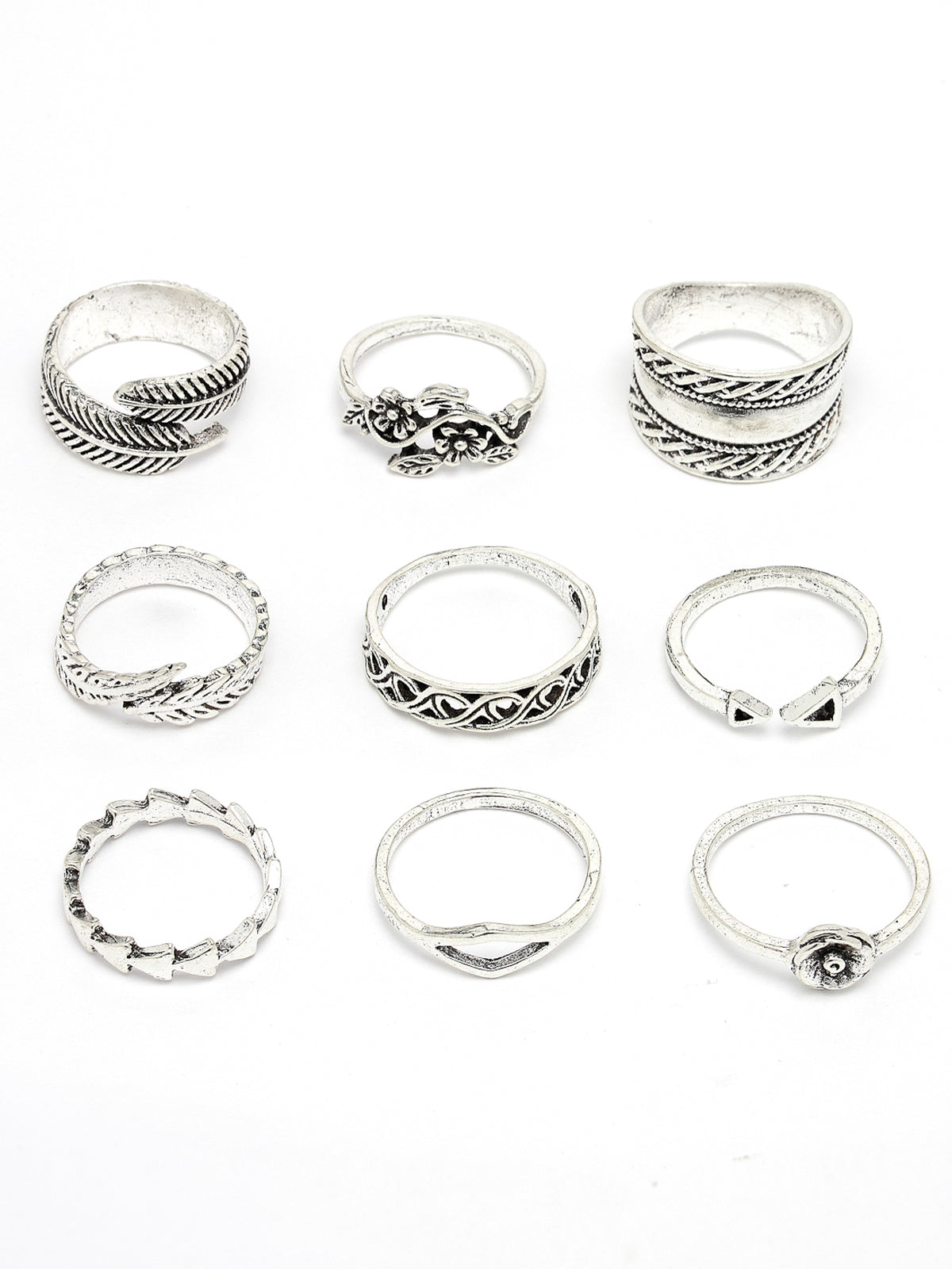 Scintillare by Sukkhi Sparkling Rhodium Plated Silver Oxidised Midi Finger Rings Set of 13 for Women & Girls | Boho Midi Stackable Knuckle Rings|CBR106811