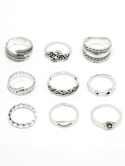 Scintillare by Sukkhi Sparkling Rhodium Plated Silver Oxidised Midi Finger Rings Set of 13 for Women & Girls | Boho Midi Stackable Knuckle Rings|CBR106811