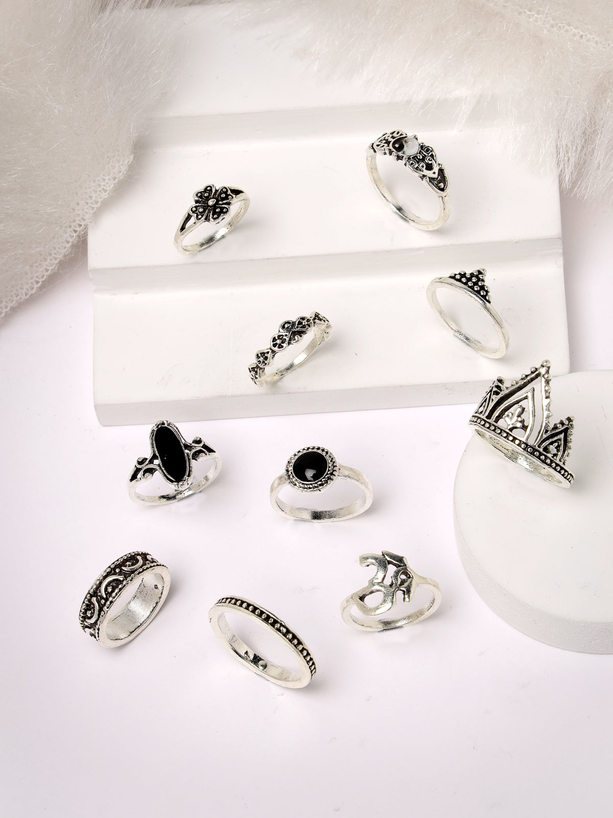 Scintillare by Sukkhi Amazing Multistyle Rhodium Plated Oxidised Silver Combo Finger Rings for Women & Girls | Combo Set of 10 | Valentine Day Gifts Collection | Boho Midi Stackable Rings|CBR106776