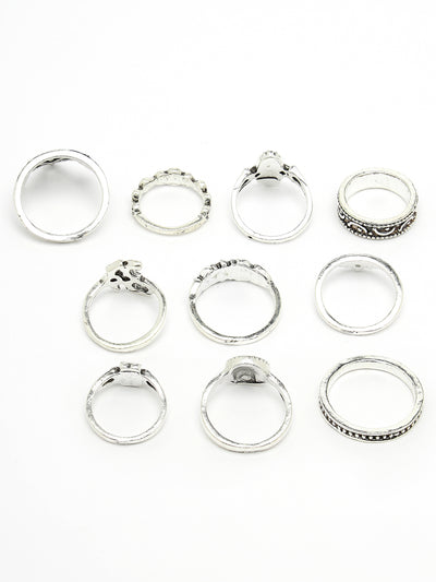 Scintillare by Sukkhi Sparkling Rhodium Plated Silver Oxidised Midi Finger Rings Set of 13 for Women & Girls | Boho Midi Stackable Knuckle Rings|CBR106811