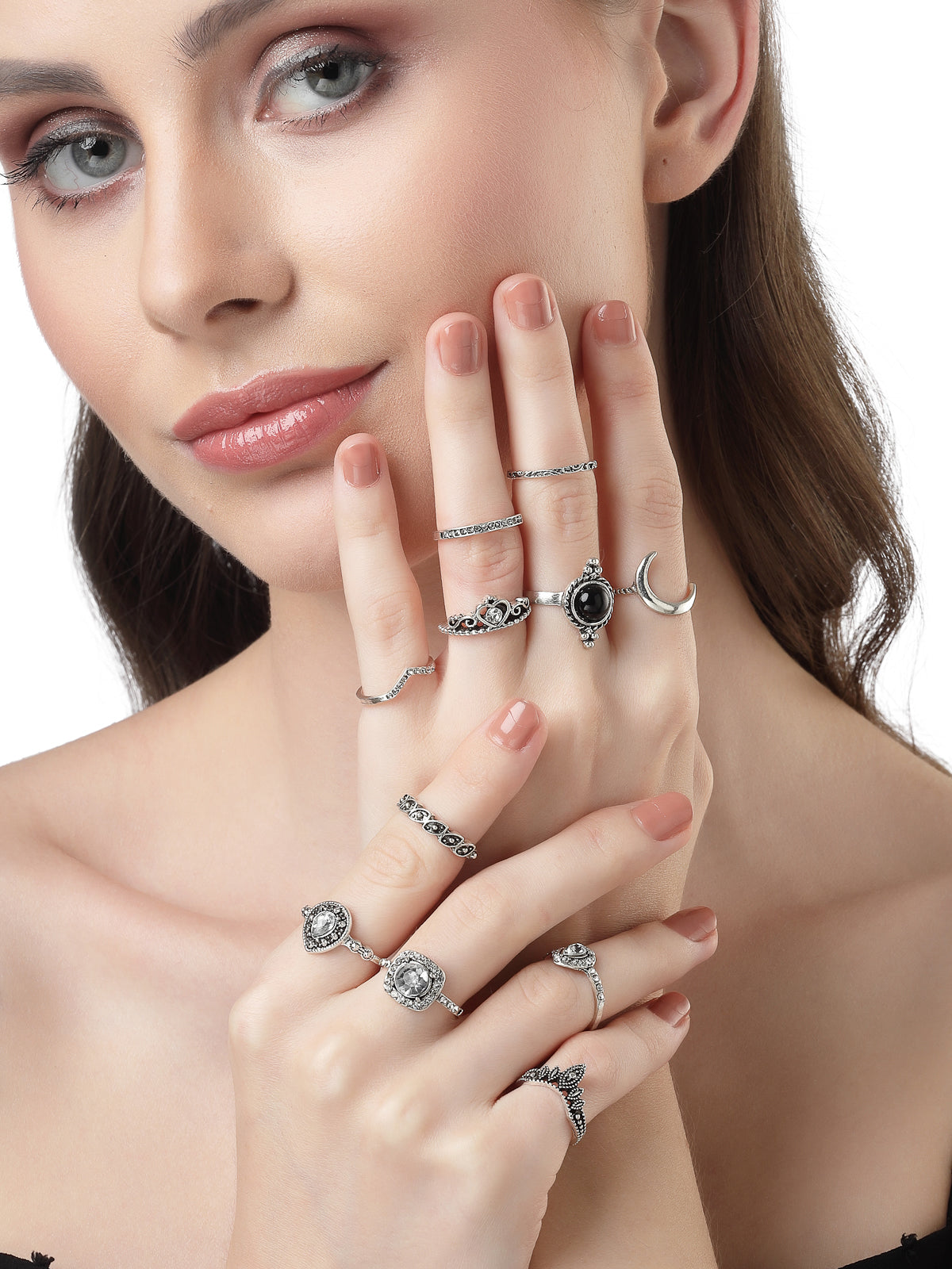 Scintillare by Sukkhi Unique Fashion Rhodium Plated Silver Oxidised Midi Combo Finger Rings for Women & Girls Set of 10 | Boho Midi Stackable Knuckle Rings|CBR106779