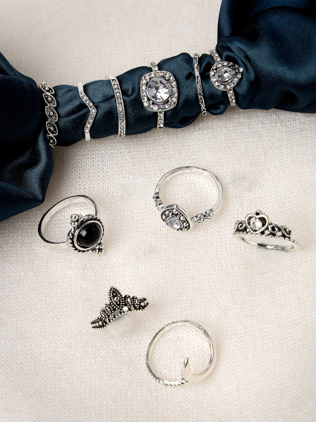 Scintillare by Sukkhi Sparkling Rhodium Plated Silver Oxidised Midi Finger Rings Set of 13 for Women & Girls | Boho Midi Stackable Knuckle Rings|CBR106811