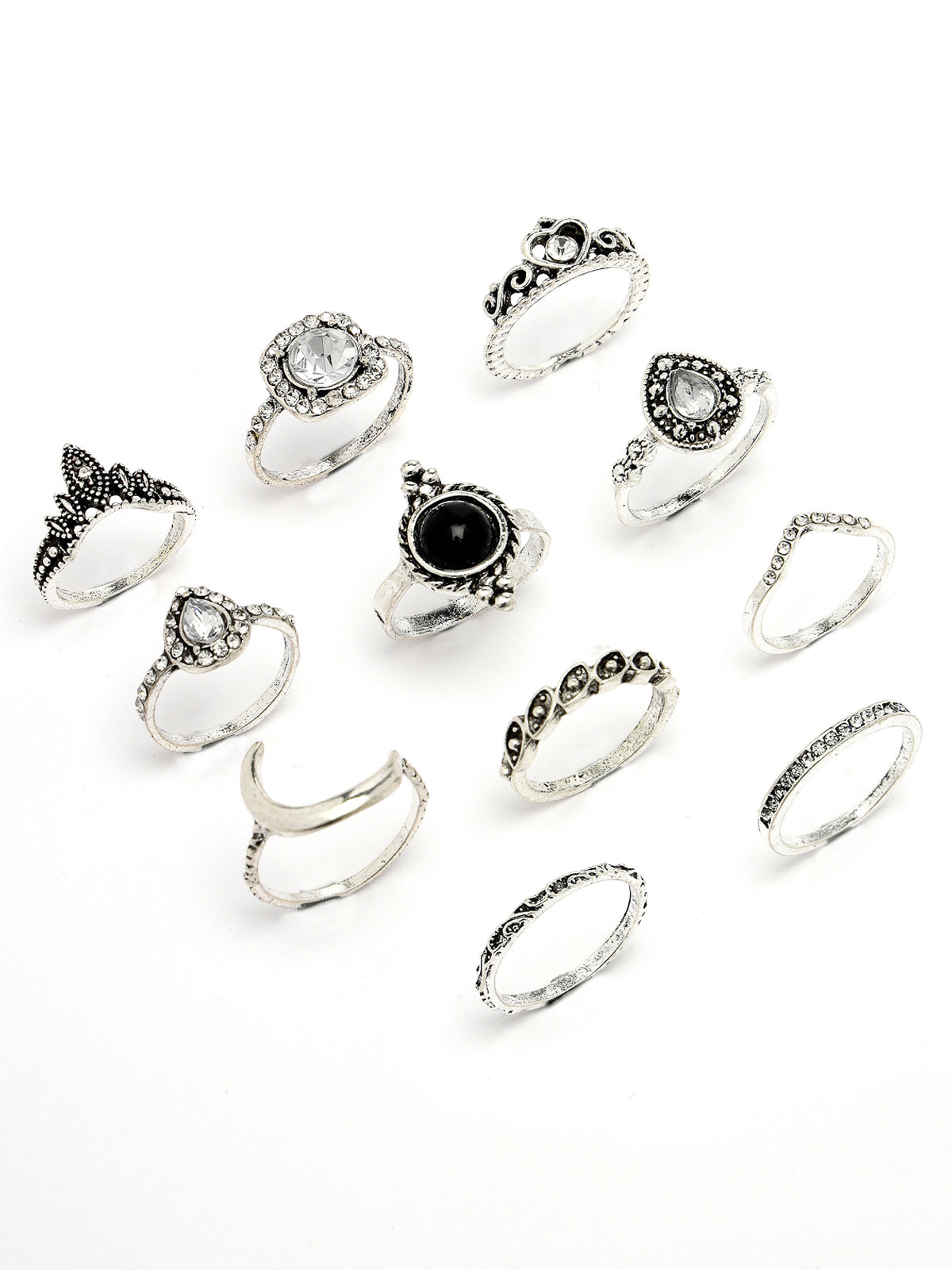 Scintillare by Sukkhi Unique Stylish Rhodium Plated Silver Oxidised with Crystals Stones Studded Silver Midi Finger Rings Combo Set of 5 for Women & Girls|Boho Midi Stackable Knuckle Rings|CBR106817