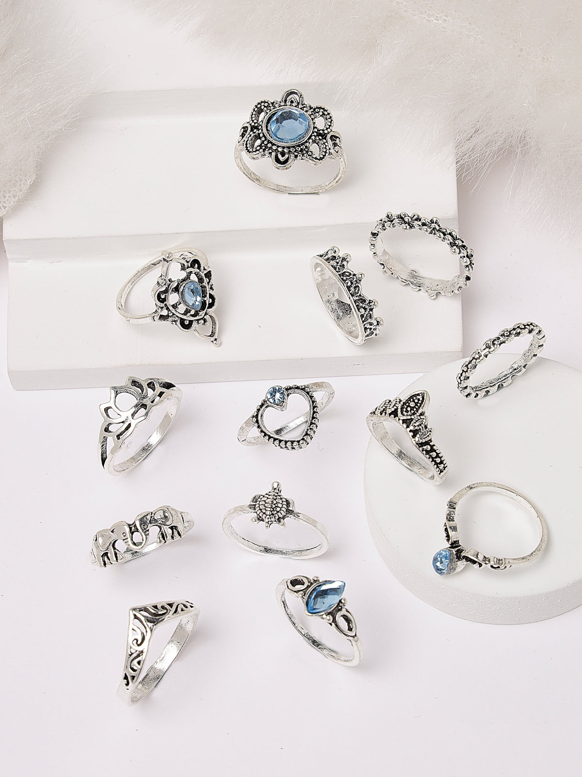 Scintillare by Sukkhi Sparkling Rhodium Plated Silver Oxidised Midi Finger Rings Set of 13 for Women & Girls | Boho Midi Stackable Knuckle Rings|CBR106811