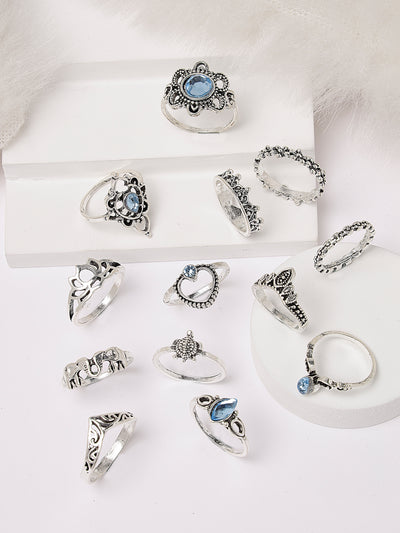 Scintillare by Sukkhi Sparkling Rhodium Plated Silver Oxidised Midi Finger Rings Set of 13 for Women & Girls | Boho Midi Stackable Knuckle Rings|CBR106811