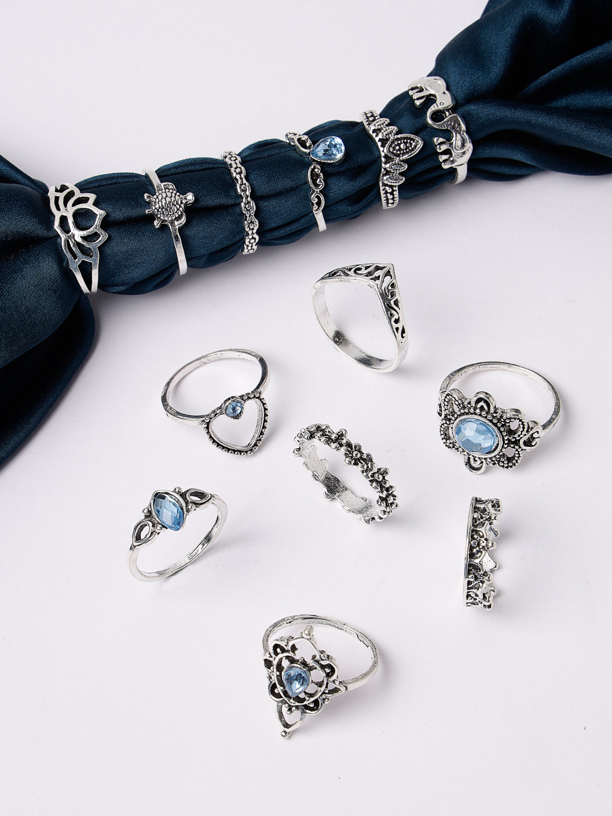 Scintillare by Sukkhi Unique Stylish Rhodium Plated Silver Oxidised with Crystals Stones Studded Silver Midi Finger Rings Combo Set of 5 for Women & Girls|Boho Midi Stackable Knuckle Rings|CBR106817