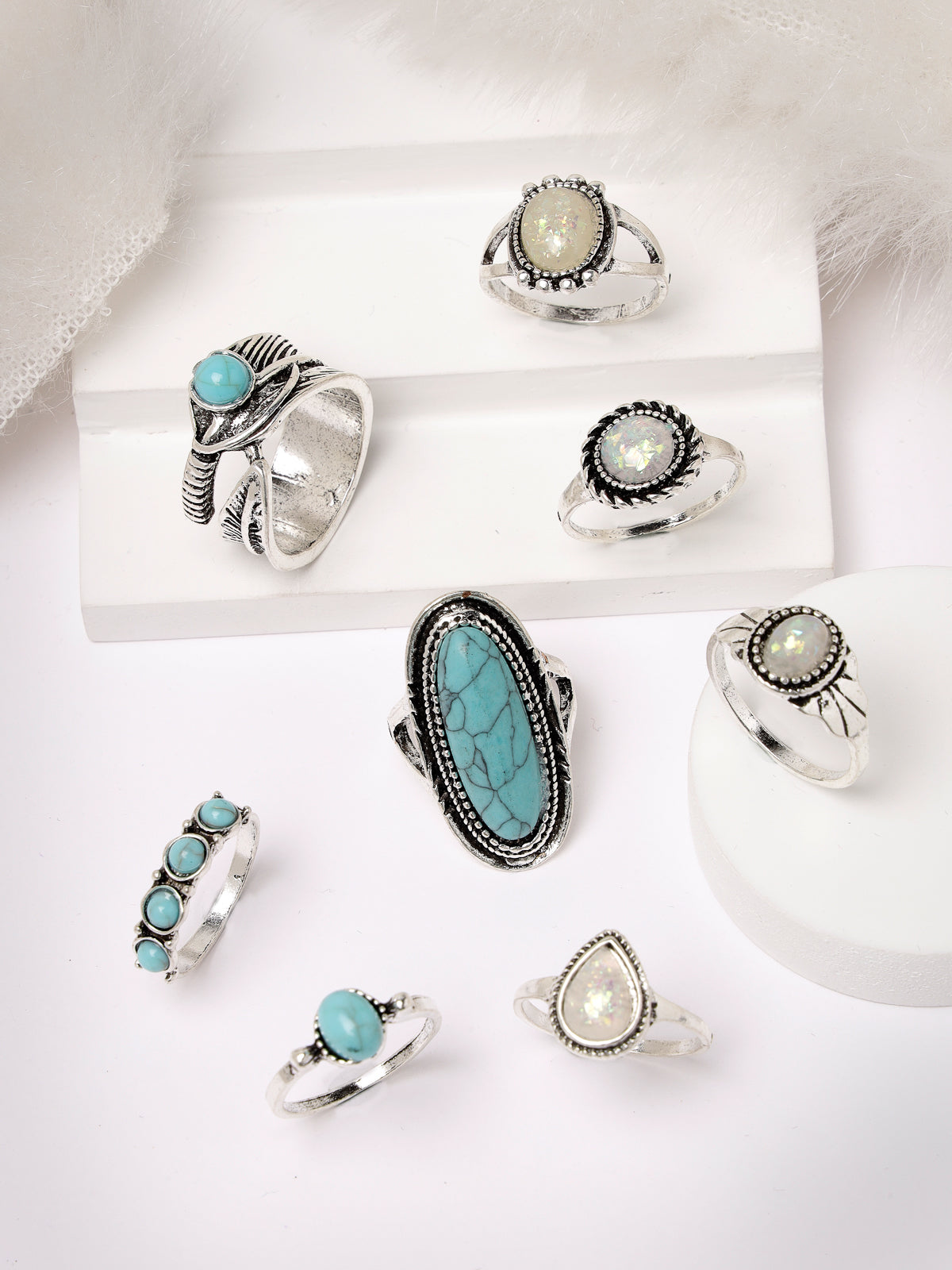 Scintillare by Sukkhi Amazing Rhodium Plated Silver Oxidised Rings Combo Set of 8 for Women & Girls | Boho Midi Stackable Knuckle Rings|CBR106821