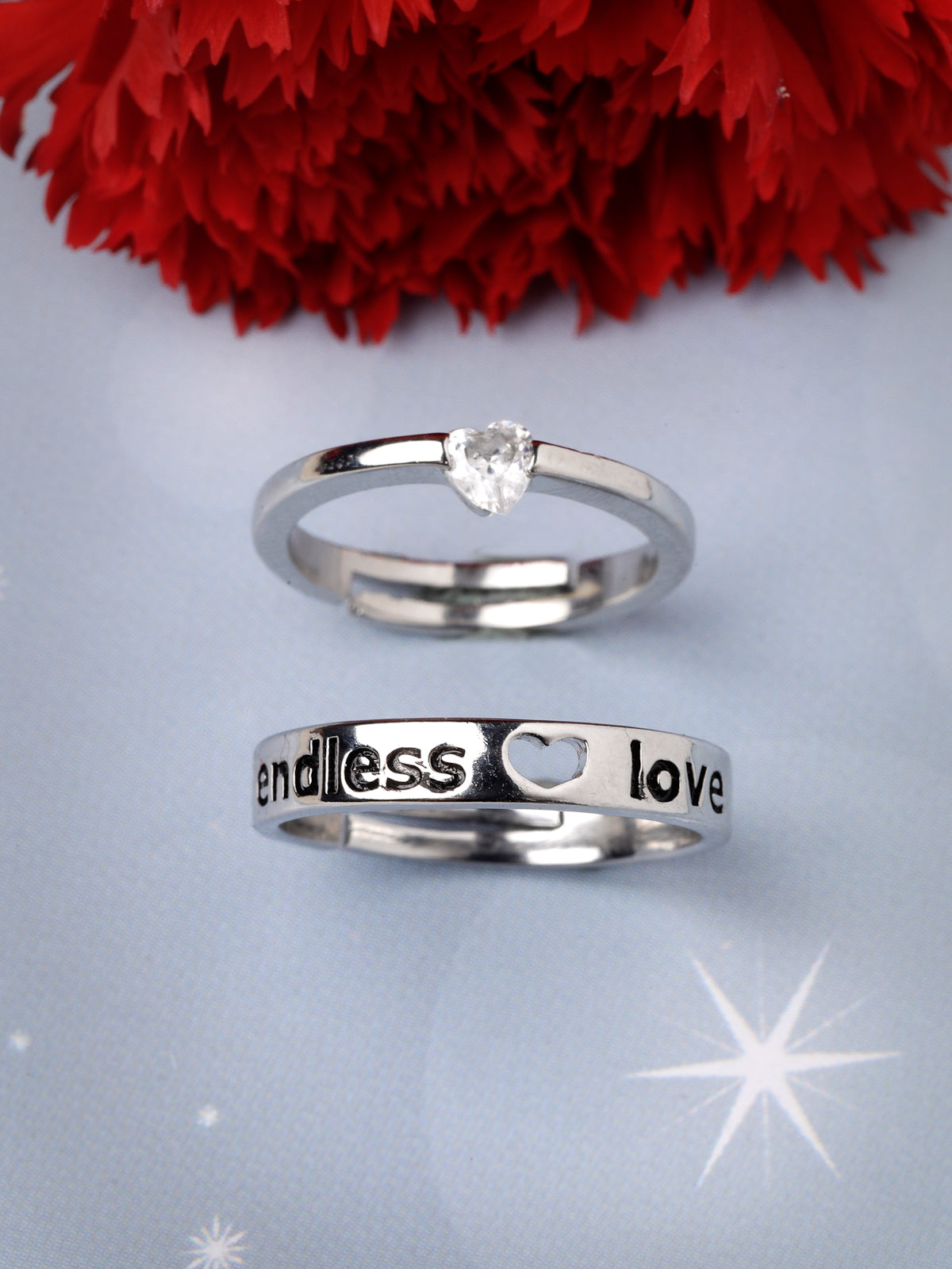 Scintillare by Sukkhi Elegant Rhodium Plated American diamond solitaire Heart Shaped Silver Adjustable Couple Promise Stylish Finger Ring for Men & Women|Rings for Girls|Valentines Day Gift|CR106602