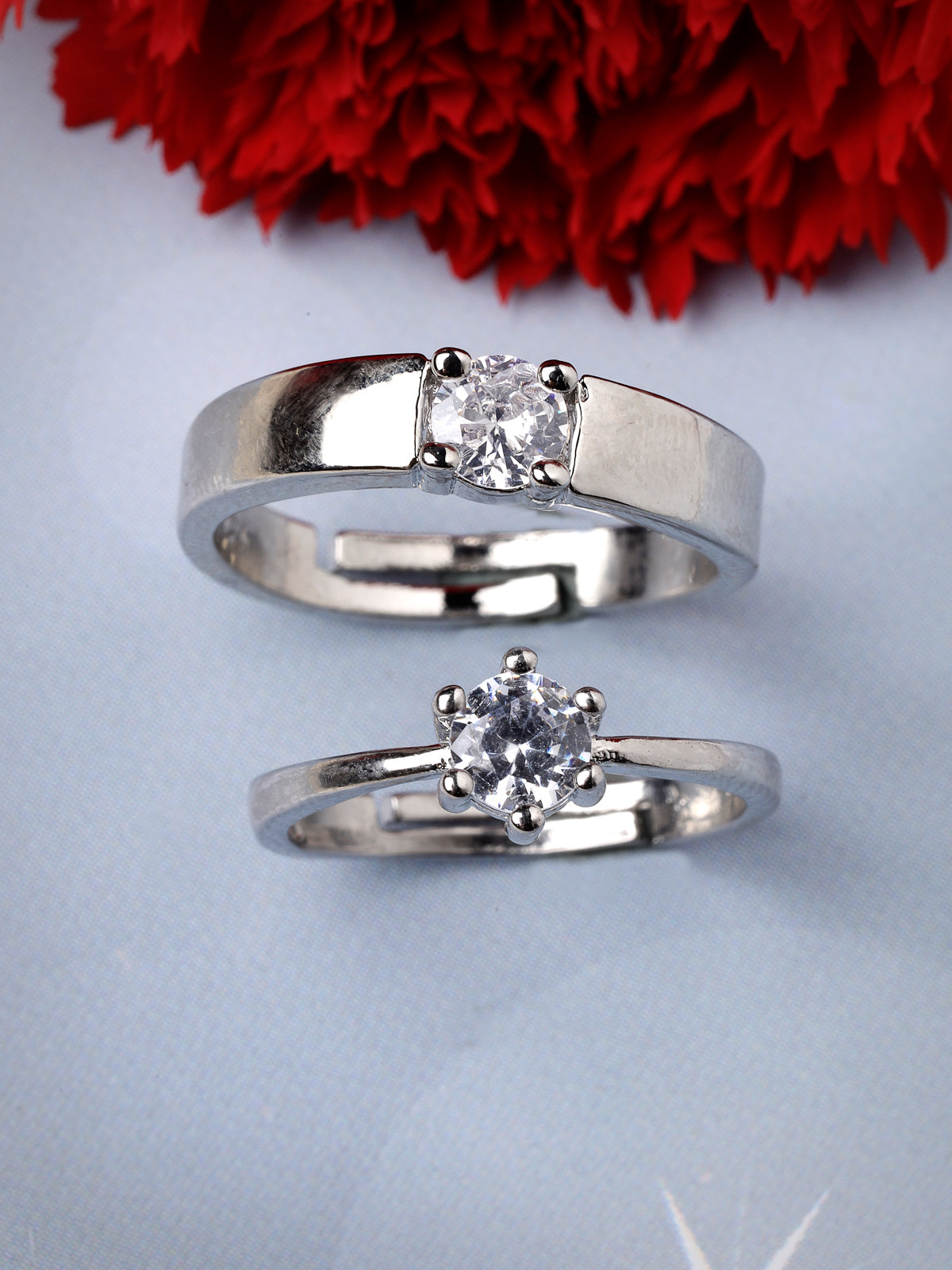 Scintillare by Sukkhi Eye-Catchy Rhodium Plated Silver American diamond solitaire Adjustable Couple Promise Stylish Finger Ring for Men & Women |Rings for Girls|Valentines Day Gifts|CR106605