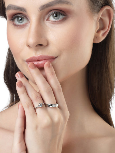 Scintillare by Sukkhi Eye-Catchy Rhodium Plated Silver American diamond solitaire Adjustable Couple Promise Stylish Finger Ring for Men & Women |Rings for Girls|Valentines Day Gifts|CR106605