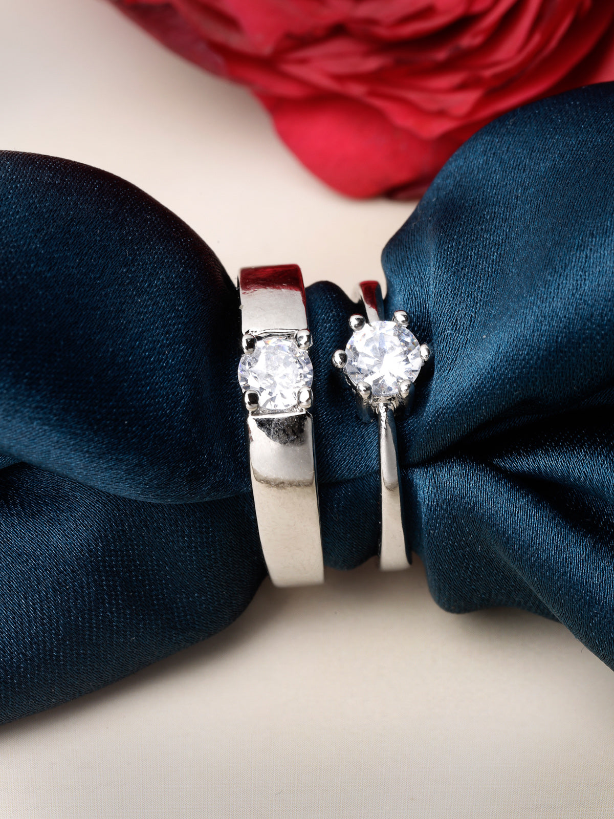 Scintillare by Sukkhi Eye-Catchy Rhodium Plated Silver American diamond solitaire Adjustable Couple Promise Stylish Finger Ring for Men & Women |Rings for Girls|Valentines Day Gifts|CR106605