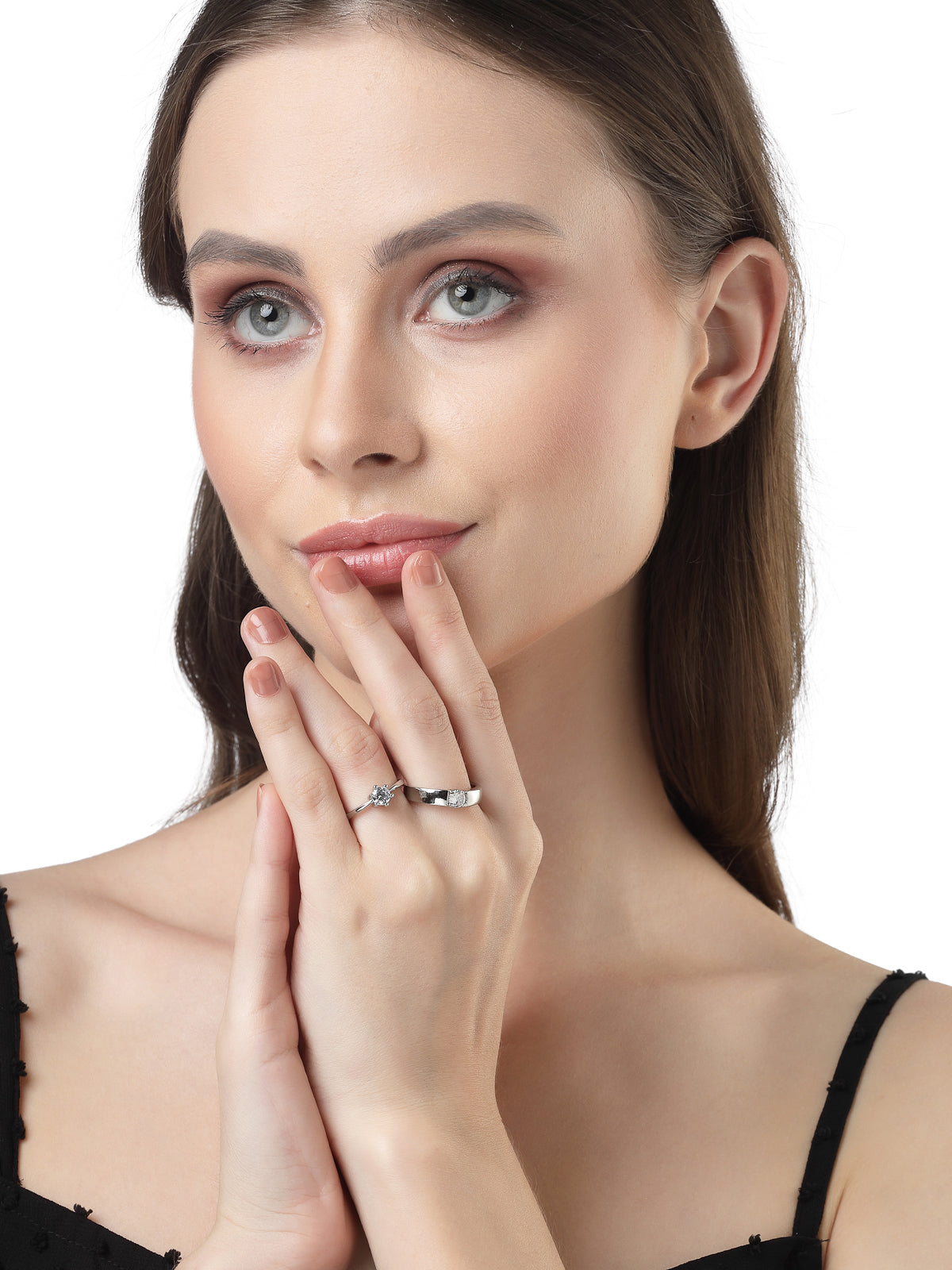 Scintillare by Sukkhi Eye-Catchy Rhodium Plated Silver American diamond solitaire Adjustable Couple Promise Stylish Finger Ring for Men & Women |Rings for Girls|Valentines Day Gifts|CR106605