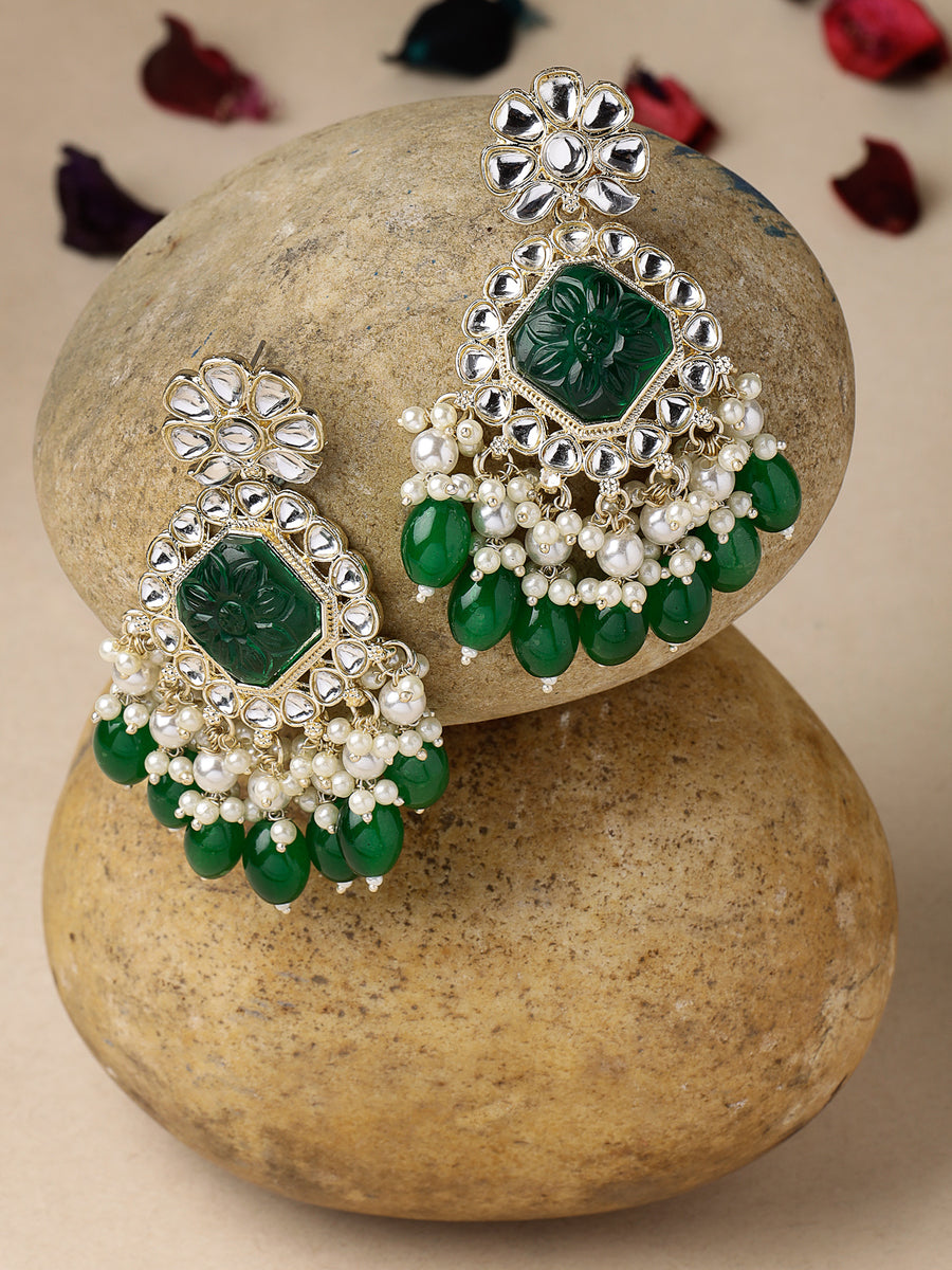 Studio Sukkhi Lavish Floral Bottle Green Kundan Studded With Gold Plated Dangle Drop Earrings For Women and Girls E104830
