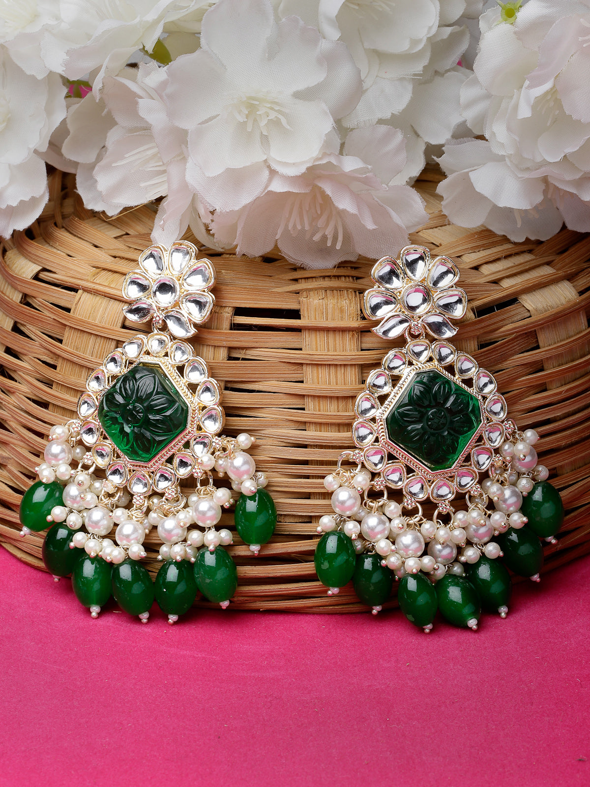 Studio Sukkhi Lavish Floral Bottle Green Kundan Studded With Gold Plated Dangle Drop Earrings For Women and Girls E104830