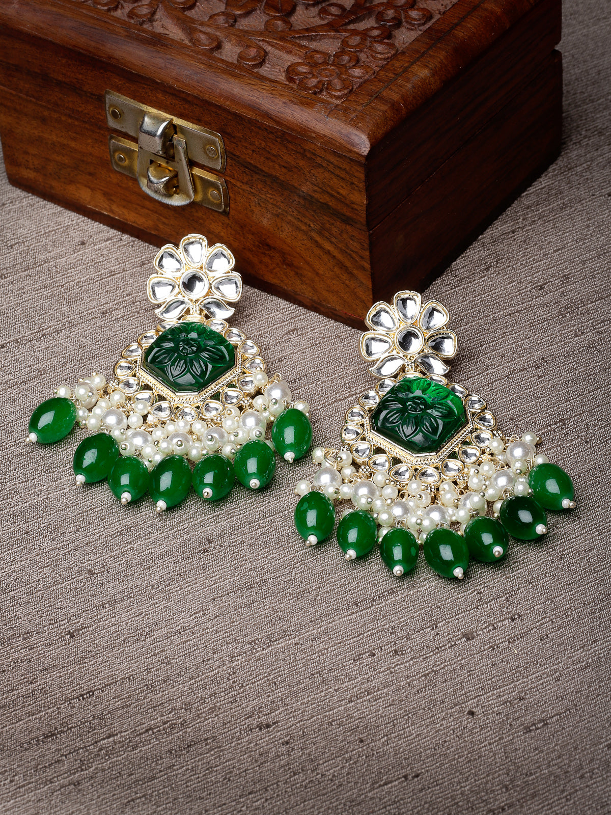 Studio Sukkhi Lavish Floral Bottle Green Kundan Studded With Gold Plated Dangle Drop Earrings For Women and Girls E104830