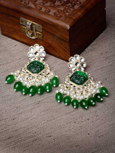 Studio Sukkhi Lavish Floral Bottle Green Kundan Studded With Gold Plated Dangle Drop Earrings For Women and Girls E104830