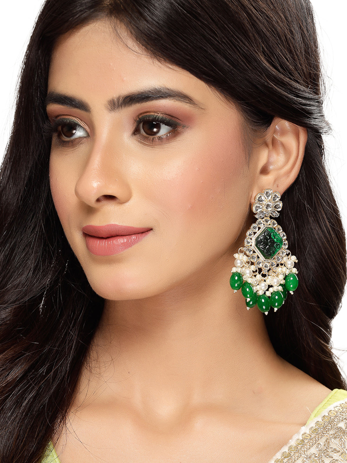Studio Sukkhi Lavish Floral Bottle Green Kundan Studded With Gold Plated Dangle Drop Earrings For Women and Girls E104830