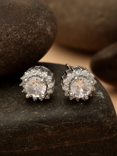 Pissara by Sukkhi Modern 925 Sterling Silver Round Shaped Cubic Zirconia Stud Earrings For Women & Girls|with Authenticity Certificate, 925 Stamp & 6 Months Warranty E105105