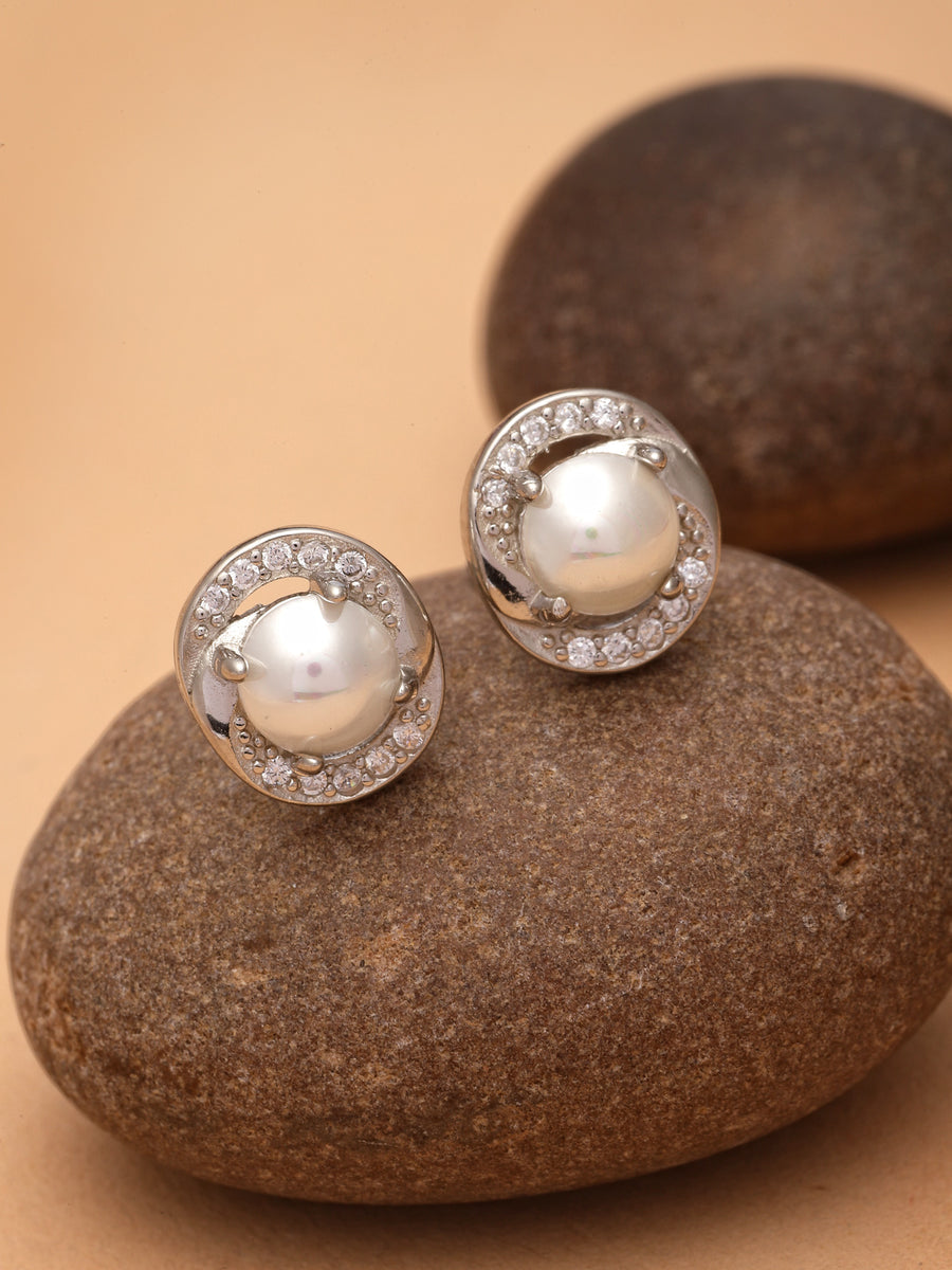 Pissara by Sukkhi Glossy 925 Sterling Silver Round Shaped Cubic Zirconia Stud Earrings For Women & Girls|with Authenticity Certificate, 925 Stamp & 6 Months Warranty E105110