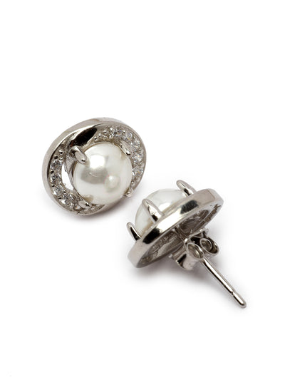 Pissara by Sukkhi Glossy 925 Sterling Silver Round Shaped Cubic Zirconia Stud Earrings For Women & Girls|with Authenticity Certificate, 925 Stamp & 6 Months Warranty E105110