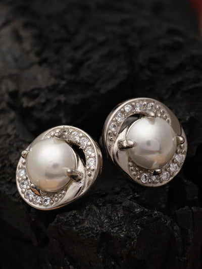 Pissara by Sukkhi Glossy 925 Sterling Silver Round Shaped Cubic Zirconia Stud Earrings For Women & Girls|with Authenticity Certificate, 925 Stamp & 6 Months Warranty E105110