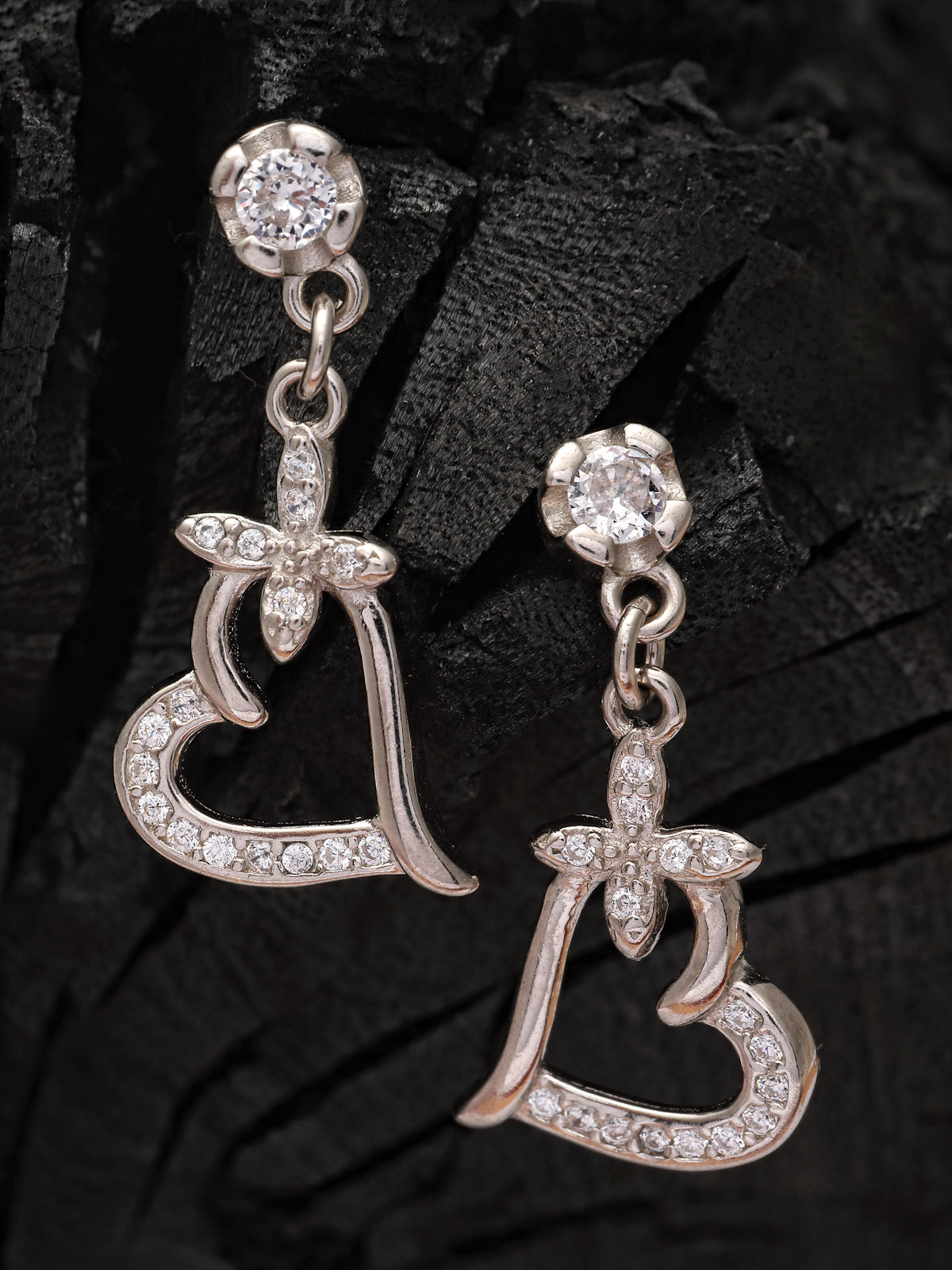 Pissara by Sukkhi Adorable 925 Sterling Silver Heart Shaped Cubic Zirconia Dangle Earrings For Women & Girls|with Authenticity Certificate, 925 Stamp & 6 Months Warranty E105113