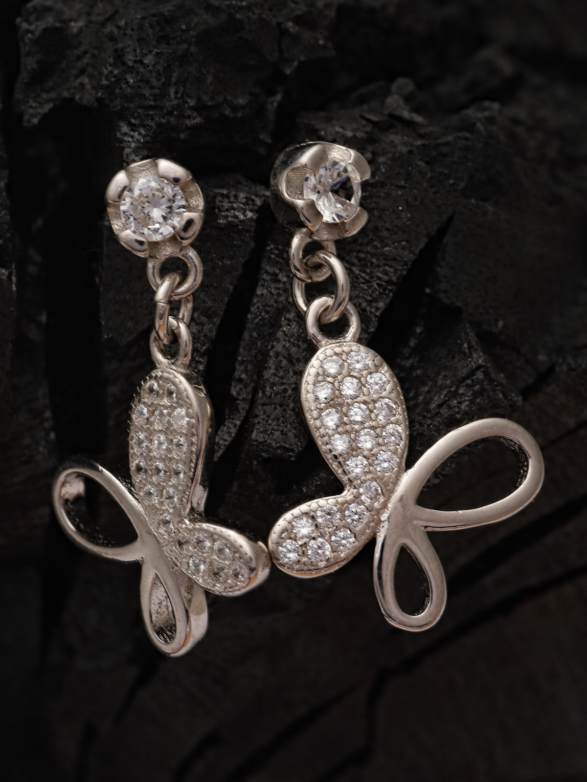 Pissara by Sukkhi Beautiful 925 Sterling Silver Butterfly Shaped Cubic Zirconia Dangle Earrings For Women & Girls|with Authenticity Certificate, 925 Stamp & 6 Months Warranty E105114