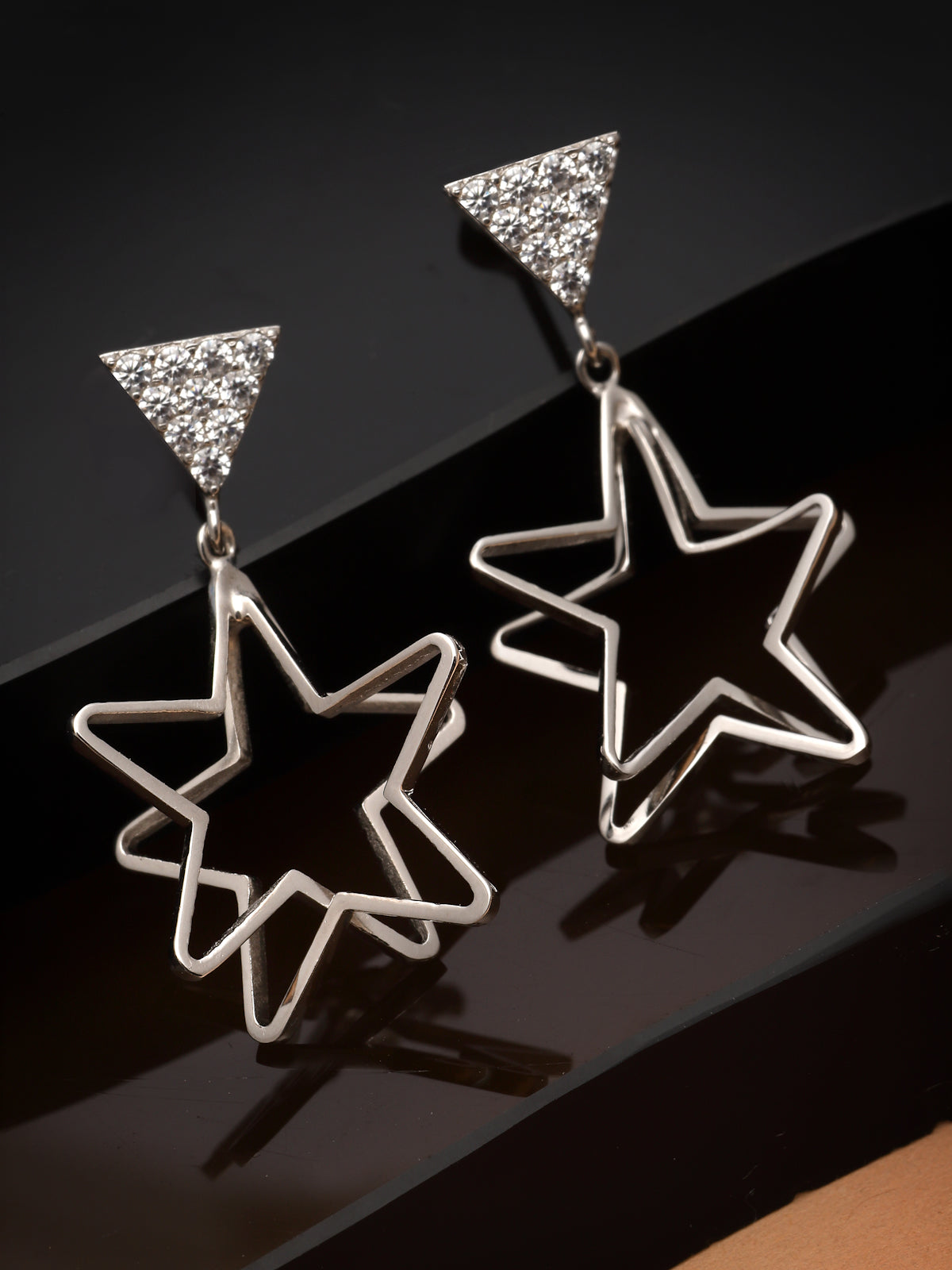 Pissara by Sukkhi Gleaming 925 Sterling Silver Star Shaped Cubic Zirconia Dangle Earrings For Women & Girls|with Authenticity Certificate, 925 Stamp & 6 Months Warranty E105134