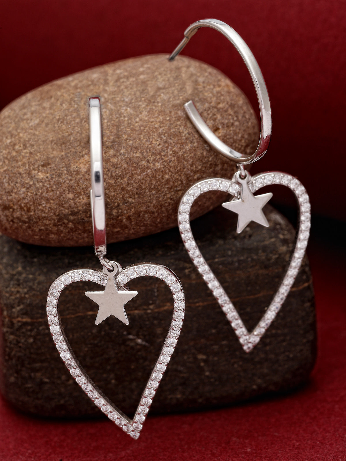 Pissara by Sukkhi Fabulous 925 Sterling Silver Star & Heart Shaped Cubic Zirconia Dangle Earrings For Women & Girls|with Authenticity Certificate, 925 Stamp & 6 Months Warranty E105138