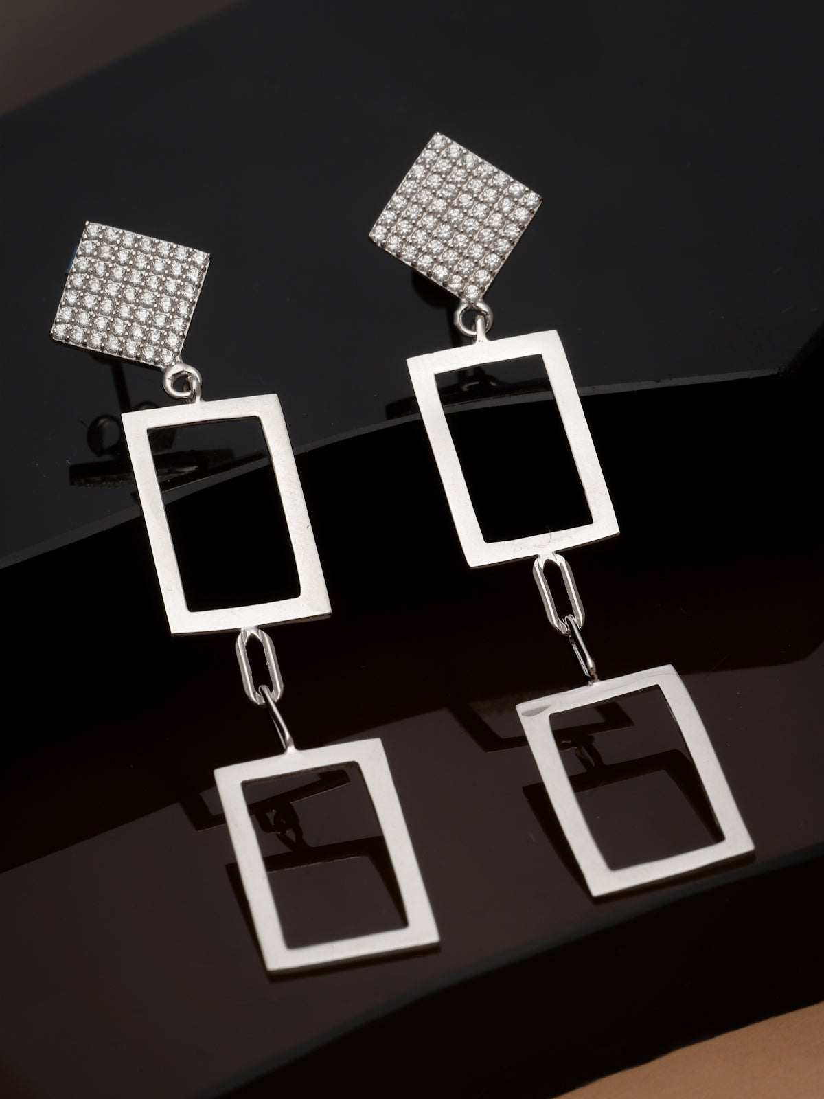 Pissara by Sukkhi Stylish 925 Sterling Silver Rectangle Shaped Cubic Zirconia Dangle Earrings For Women & Girls|with Authenticity Certificate, 925 Stamp & 6 Months Warranty E105140