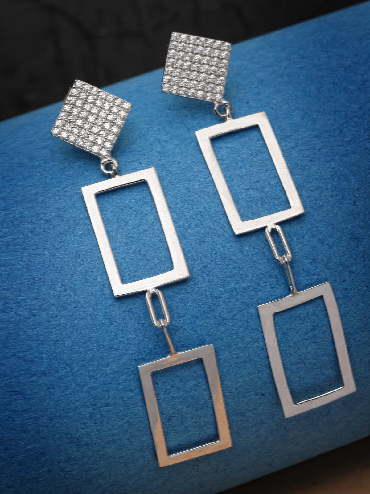 Pissara by Sukkhi Stylish 925 Sterling Silver Rectangle Shaped Cubic Zirconia Dangle Earrings For Women & Girls|with Authenticity Certificate, 925 Stamp & 6 Months Warranty E105140