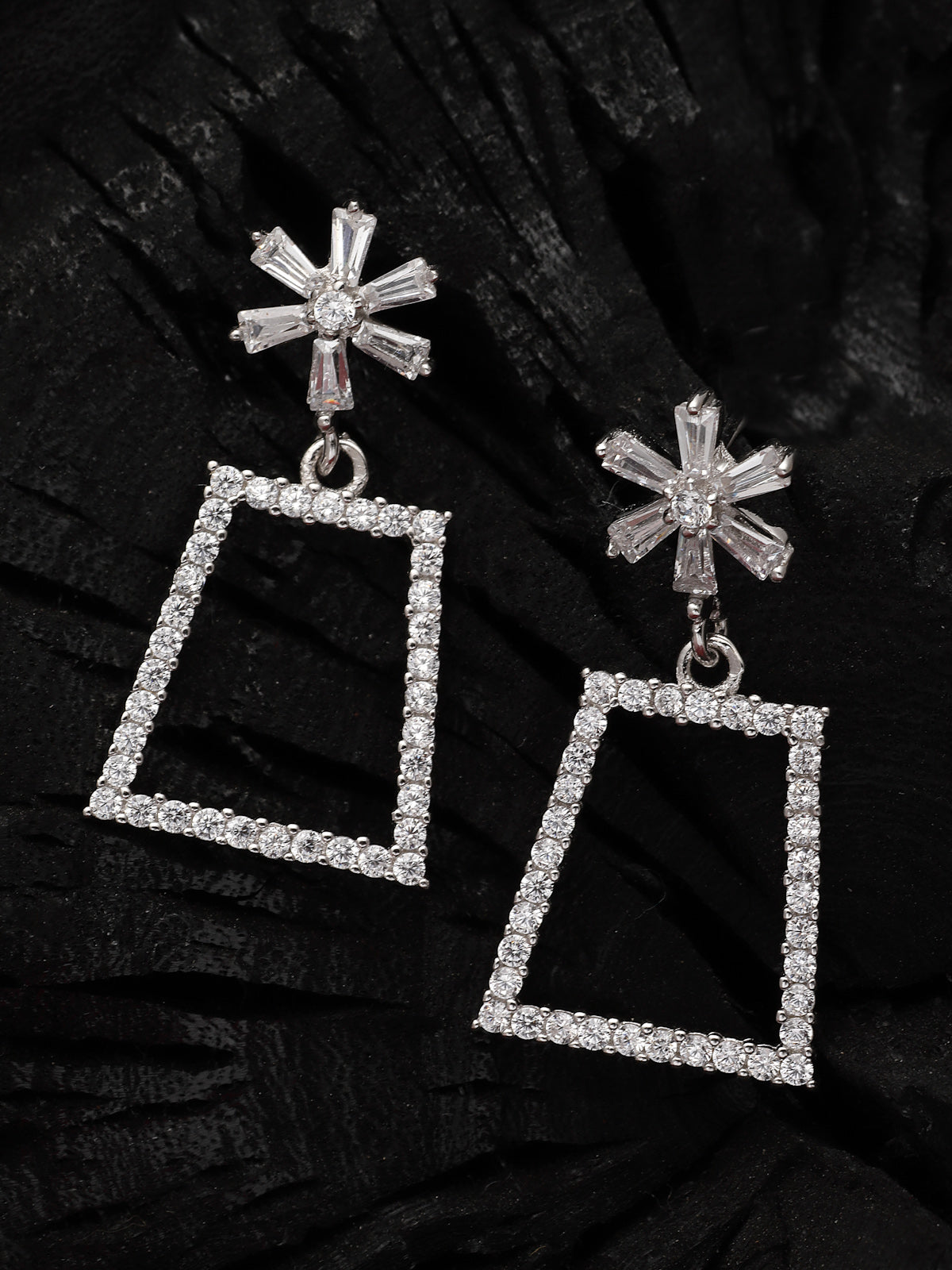 Pissara by Sukkhi Fascinating 925 Sterling Silver Rectangle Shaped Cubic Zirconia Dangle Earrings For Women & Girls|with Authenticity Certificate, 925 Stamp & 6 Months Warranty E105142