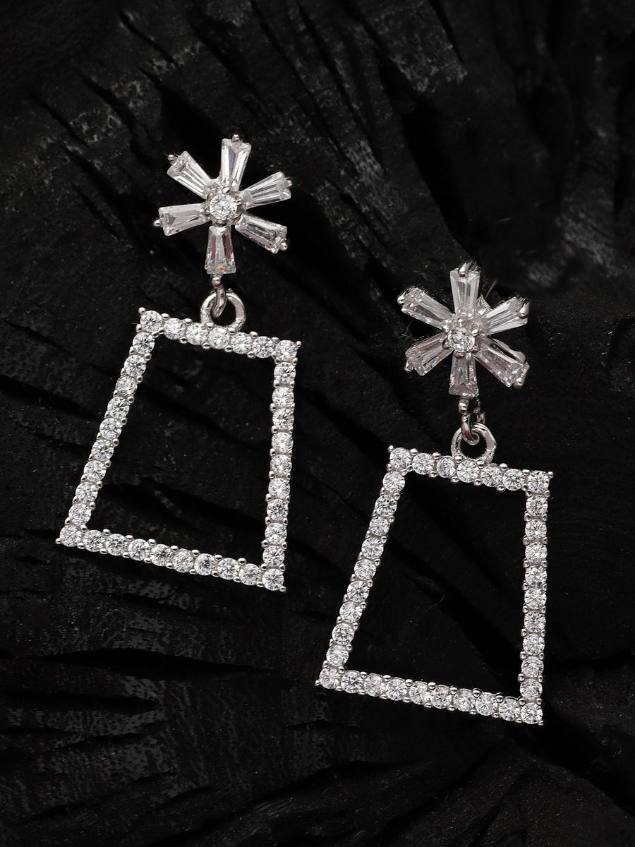 Pissara by Sukkhi Fascinating 925 Sterling Silver Rectangle Shaped Cubic Zirconia Dangle Earrings For Women & Girls|with Authenticity Certificate, 925 Stamp & 6 Months Warranty E105142