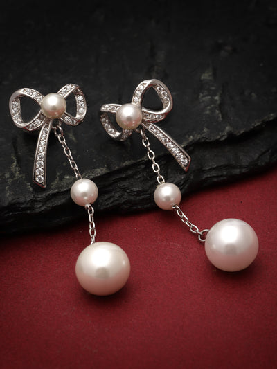 Pissara by Sukkhi Shimmering 925 Sterling Silver Bow Shaped Cubic Zirconia Dangle Earrings For Women & Girls|with Authenticity Certificate, 925 Stamp & 6 Months Warranty E105150