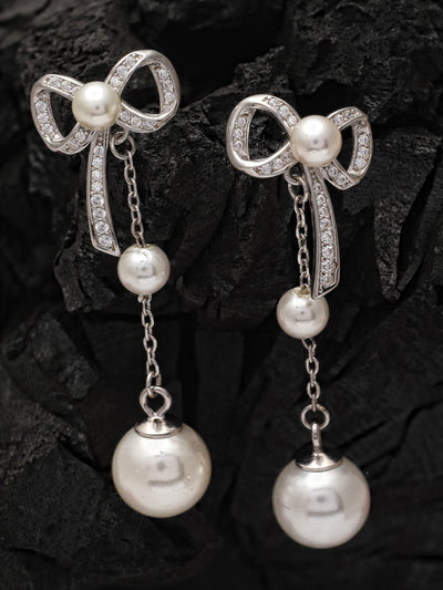 Pissara by Sukkhi Shimmering 925 Sterling Silver Bow Shaped Cubic Zirconia Dangle Earrings For Women & Girls|with Authenticity Certificate, 925 Stamp & 6 Months Warranty E105150