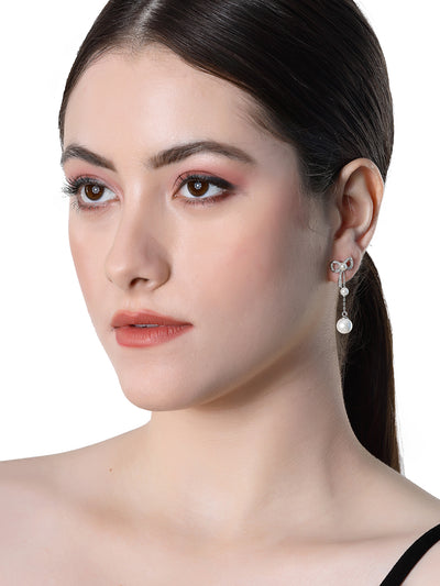 Pissara by Sukkhi Shimmering 925 Sterling Silver Bow Shaped Cubic Zirconia Dangle Earrings For Women & Girls|with Authenticity Certificate, 925 Stamp & 6 Months Warranty E105150