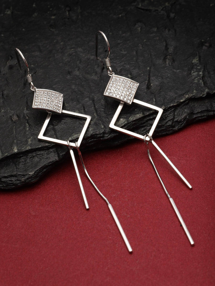 Pissara by Sukkhi Divine 925 Sterling Silver Square Shaped Cubic Zirconia Dangle Earrings For Women & Girls|with Authenticity Certificate, 925 Stamp & 6 Months Warranty E105151