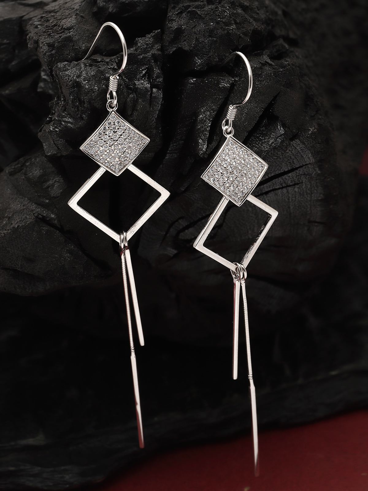 Pissara by Sukkhi Divine 925 Sterling Silver Square Shaped Cubic Zirconia Dangle Earrings For Women & Girls|with Authenticity Certificate, 925 Stamp & 6 Months Warranty E105151
