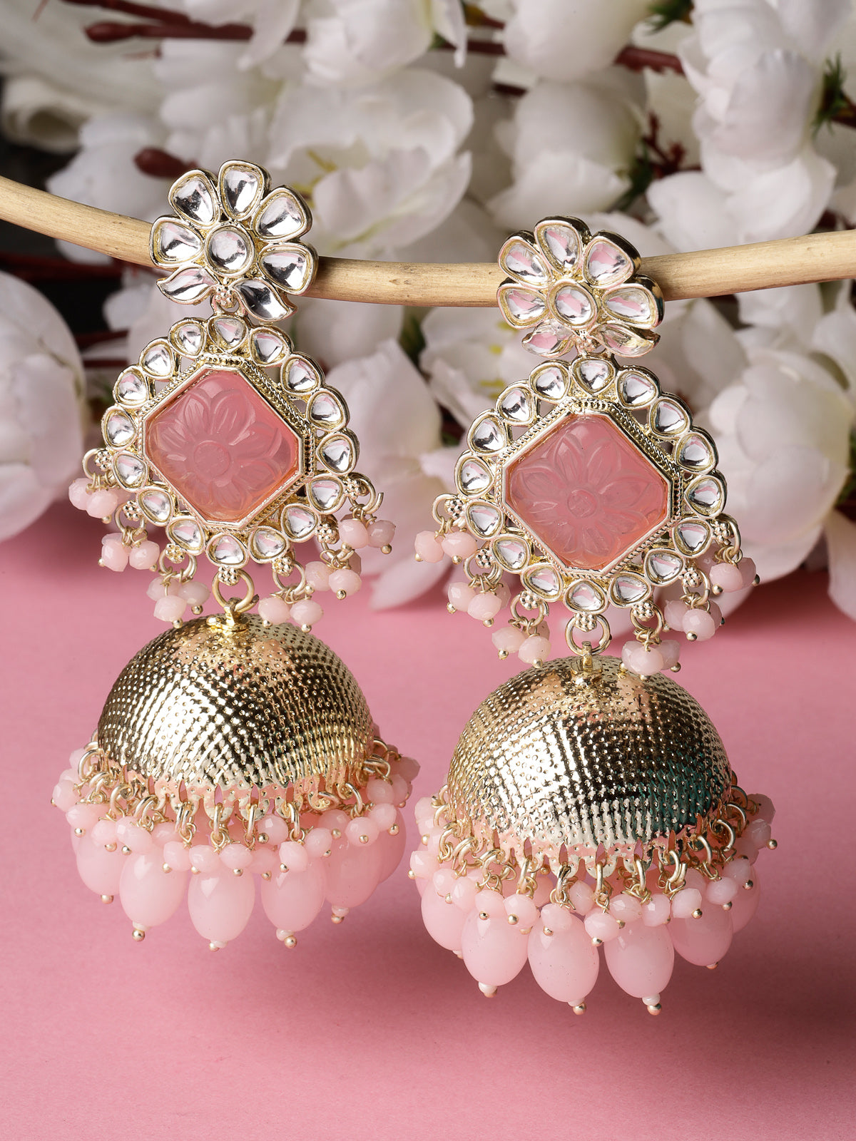 Studio Sukkhi Decent Gold Plated Pretty Pink Kundan Studded Jhumka/Jhumki Earrings For Women And Girls E105751