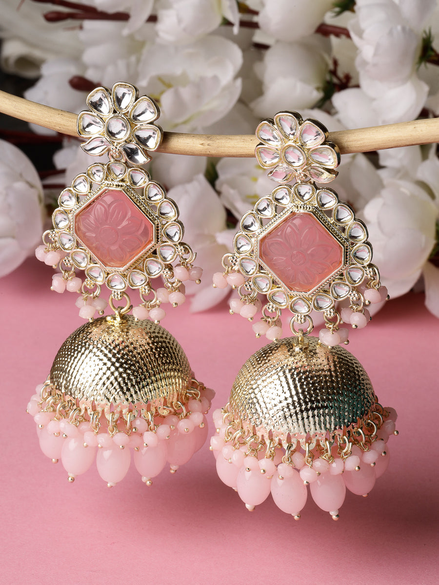 Studio Sukkhi Decent Gold Plated Pretty Pink Kundan Studded Jhumka/Jhumki Earrings For Women And Girls E105751