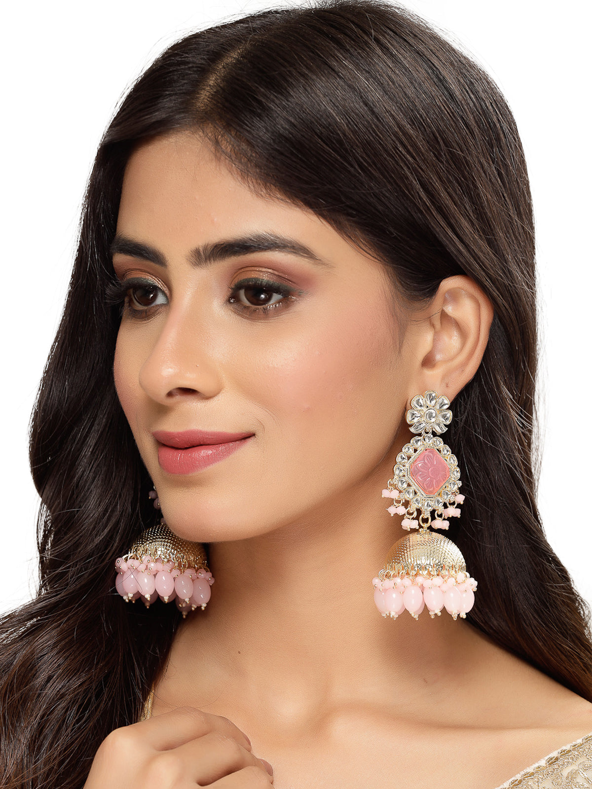 Studio Sukkhi Decent Gold Plated Pretty Pink Kundan Studded Jhumka/Jhumki Earrings For Women And Girls E105751