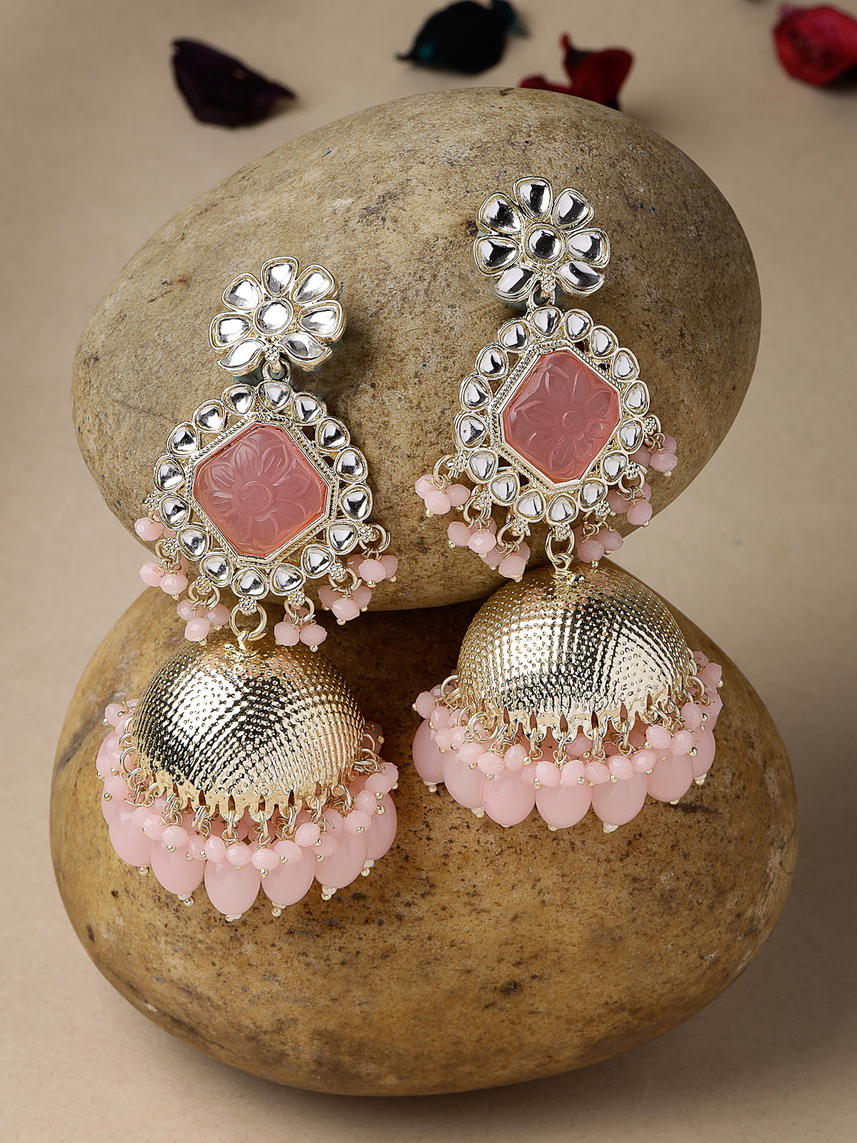 Studio Sukkhi Decent Gold Plated Pretty Pink Kundan Studded Jhumka/Jhumki Earrings For Women And Girls E105751