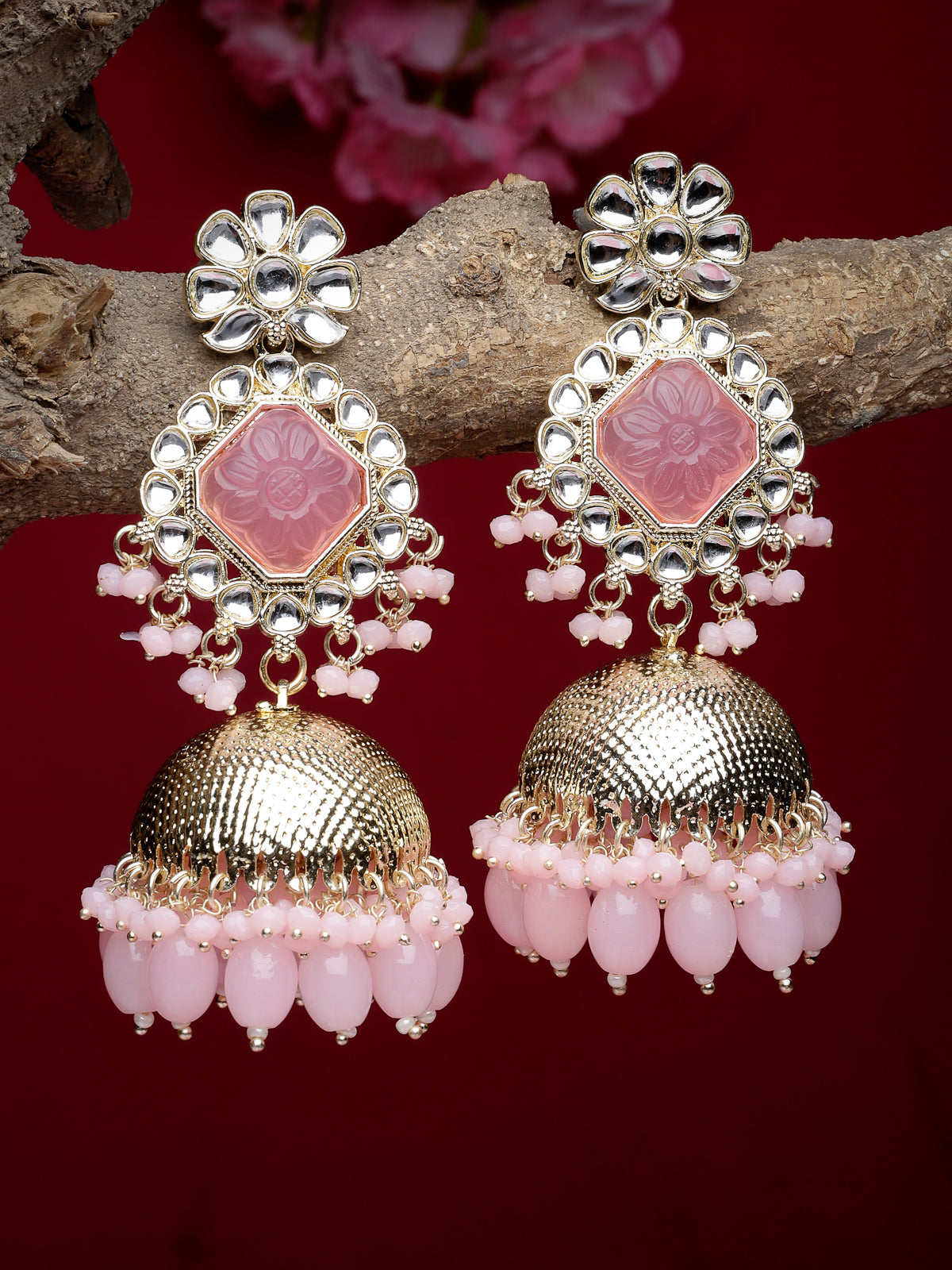 Studio Sukkhi Decent Gold Plated Pretty Pink Kundan Studded Jhumka/Jhumki Earrings For Women And Girls E105751