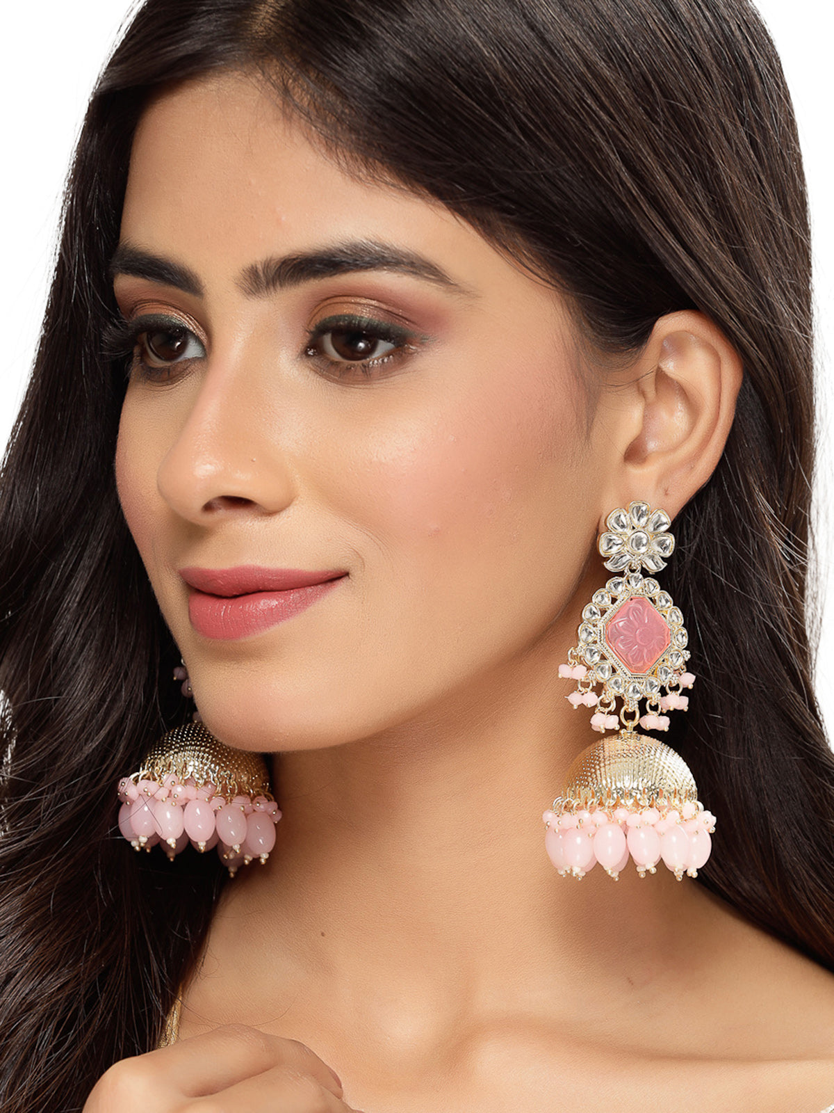 Studio Sukkhi Decent Gold Plated Pretty Pink Kundan Studded Jhumka/Jhumki Earrings For Women And Girls E105751
