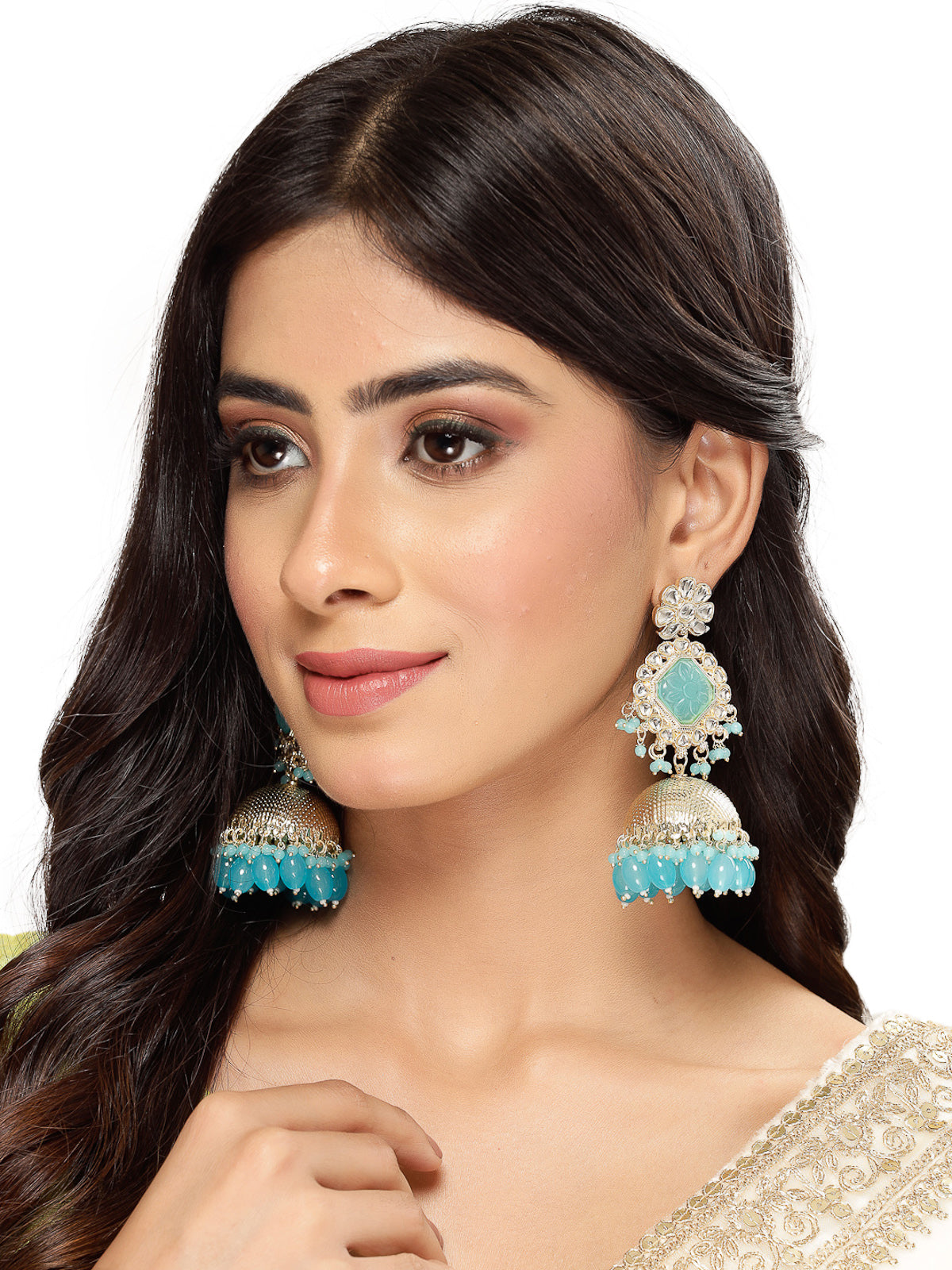 Studio Sukkhi Classical Gold Plated Blue Kundan Studded Jhumka/Jhumki Earrings For Women And Girls E105752