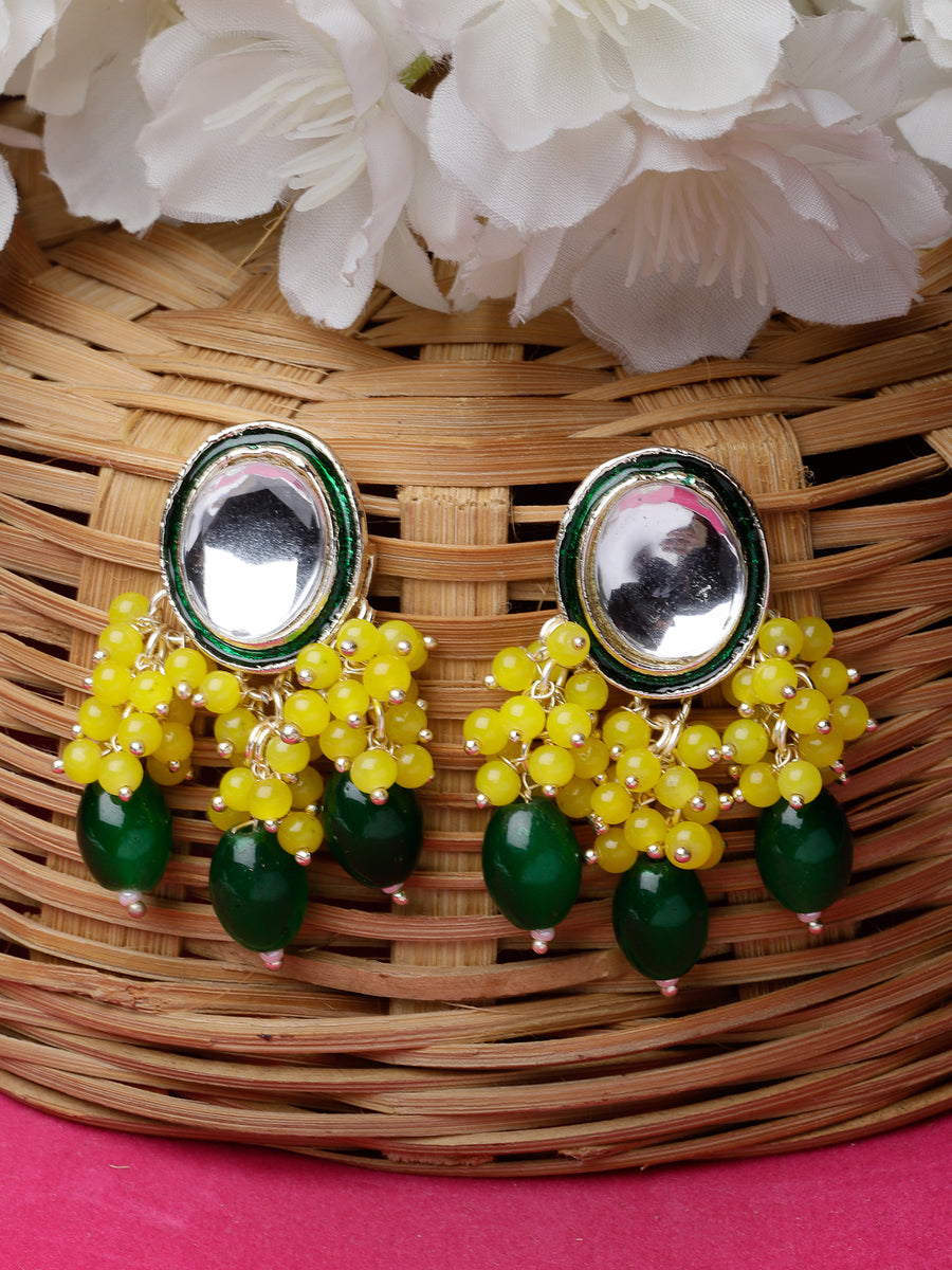 Studio Sukkhi Decorative Gold Plated Yellow & Green Faux Beaded And Kundan Studded Meenakari Drop Earrings For Women And Girls E105755