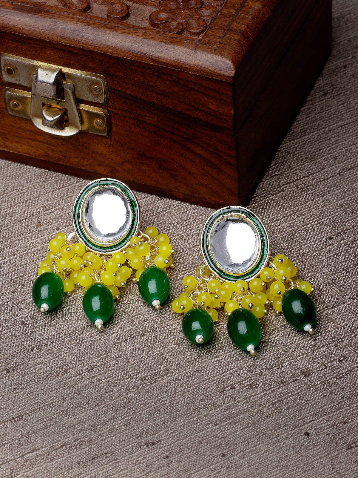 Studio Sukkhi Decorative Gold Plated Yellow & Green Faux Beaded And Kundan Studded Meenakari Drop Earrings For Women And Girls E105755