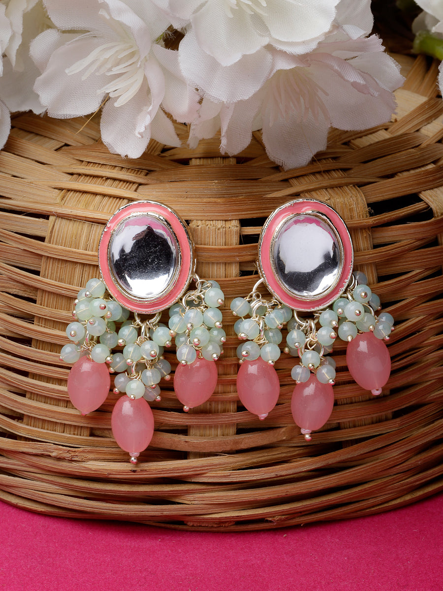 Studio Sukkhi Stylish Gold Plated Pink & White Faux Beaded And Kundan Studded Meenakari Drop Earrings For Women And Girls E105756